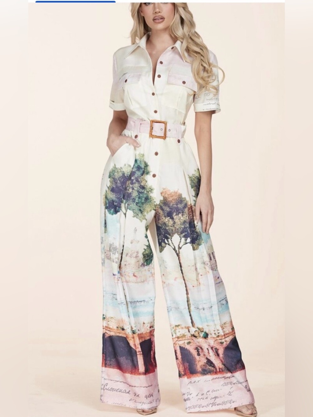 L’ATISTE By Amy 2X Scenic Landscape Print Wide Leg Jumpsuit Button Front NWT